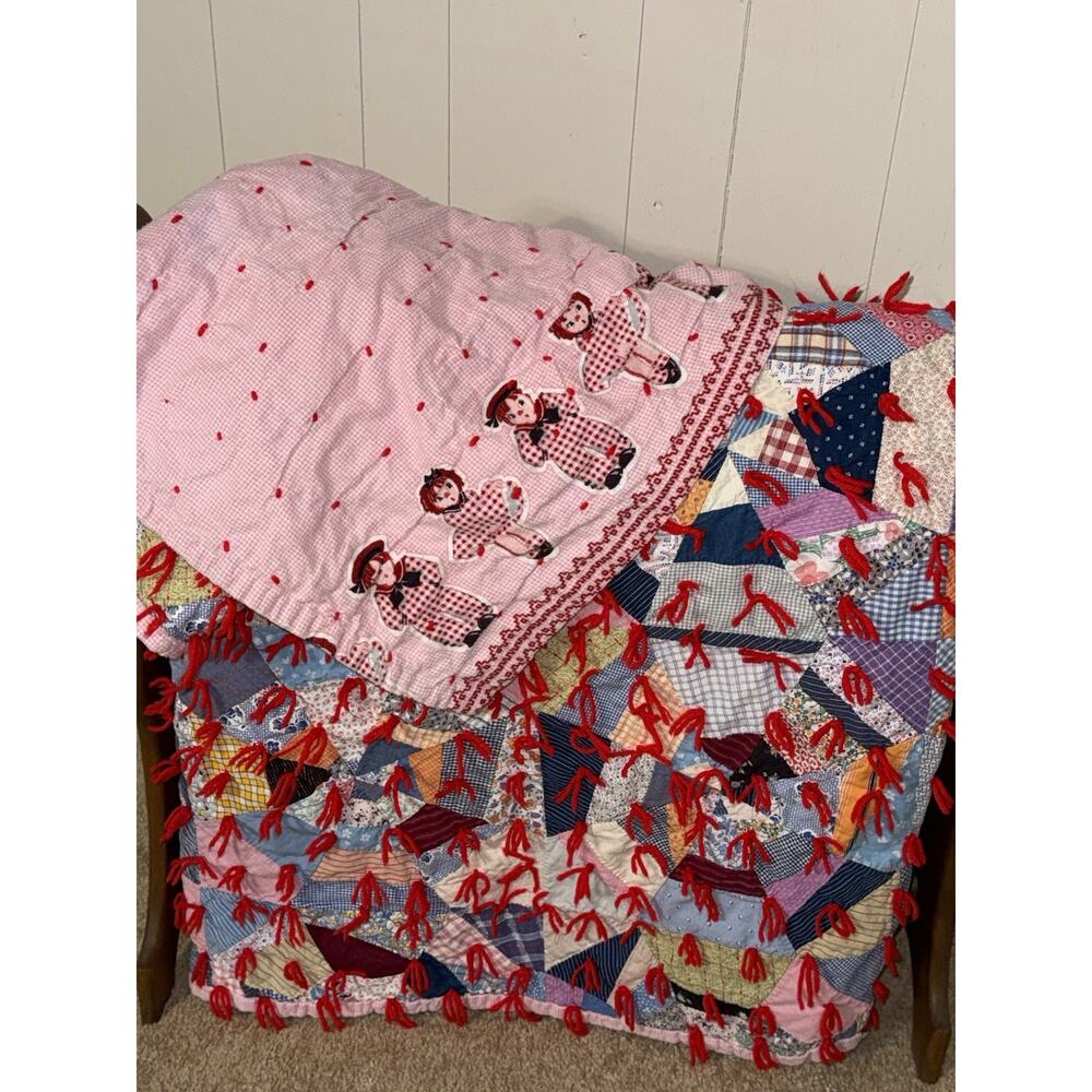 Vintage Patchwork Quilt Folk Art Colorful Scrap Granny Tied - Picture 14 of 15